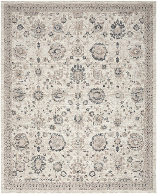 Neutral area rug with ivory, taupe and gray floral medallions and decorative border; oriental-inspired, distressed look.