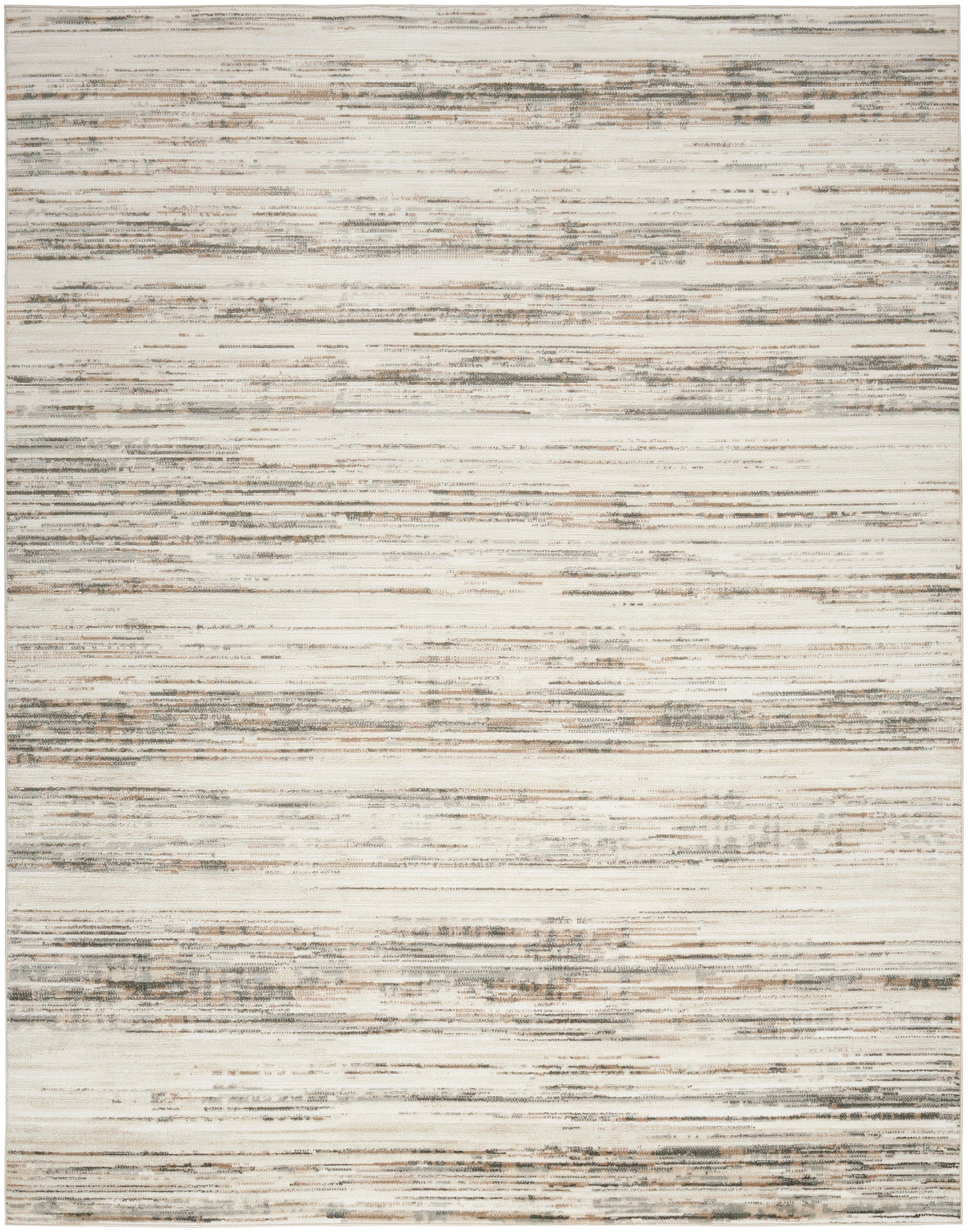 Cream area rug with muted gray-beige horizontal streaks in a distressed, modern abstract pattern.