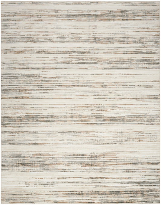 Cream area rug with muted gray-beige horizontal streaks in a distressed, modern abstract pattern.