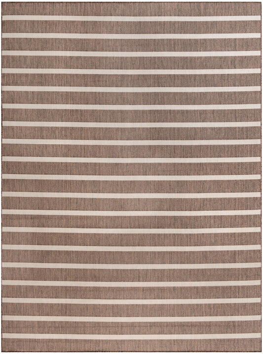 Rectangular brown woven rug with off-white horizontal stripes and textured surface.