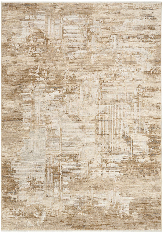 Rectangular beige abstract rug with distressed patchwork pattern in tan and ivory tones; modern.