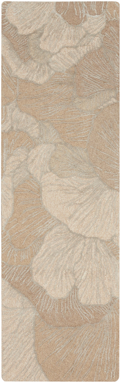 Beige floral rug with large cream petals and a subtle textured jacquard weave.