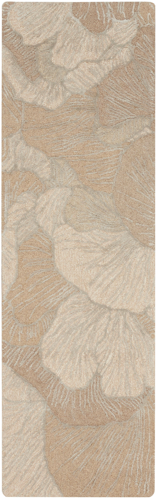 Beige floral rug with large cream petals and a subtle textured jacquard weave.