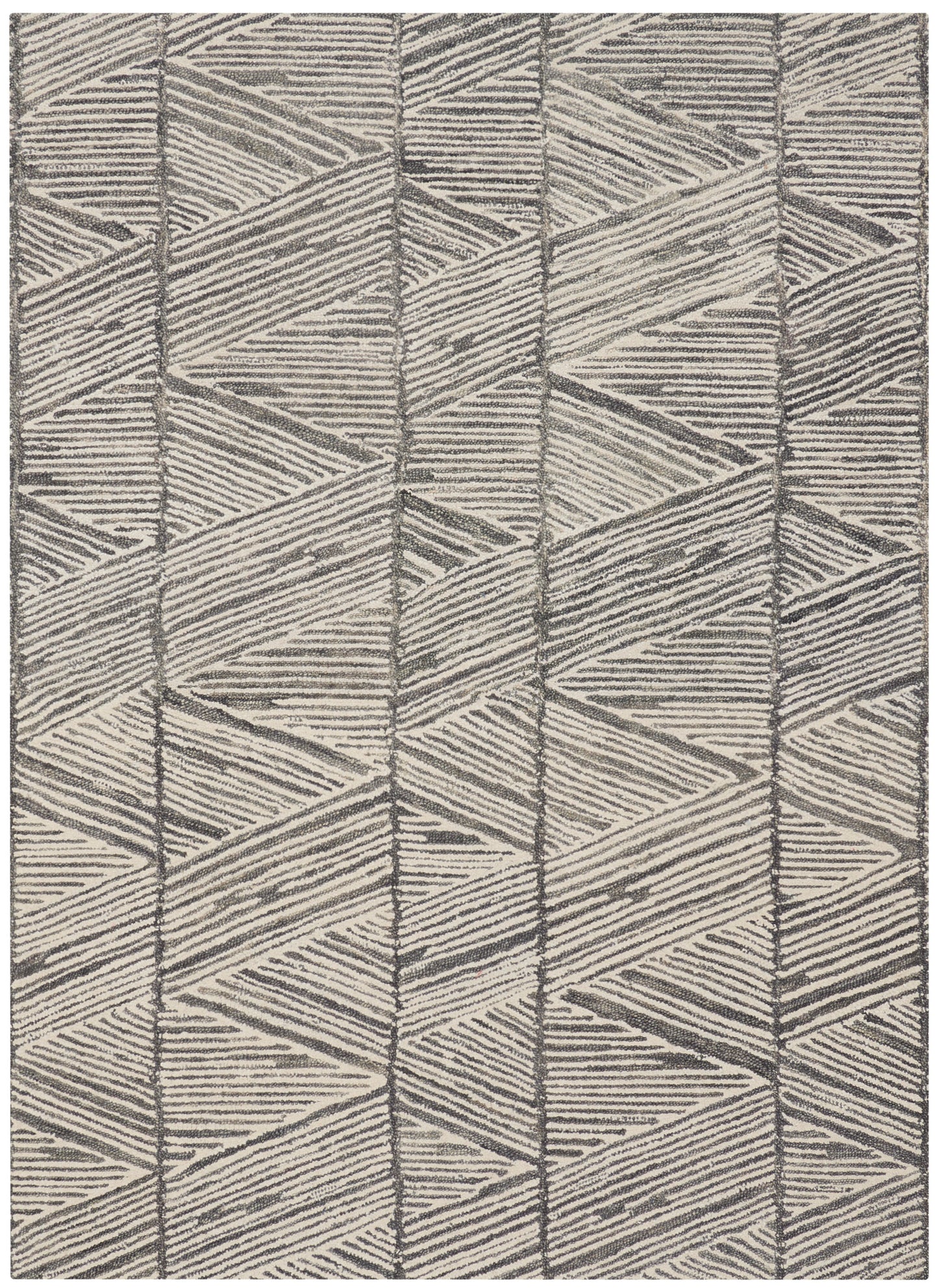 Rectangular area rug in beige and gray with a geometric chevron pattern and textured woven surface.