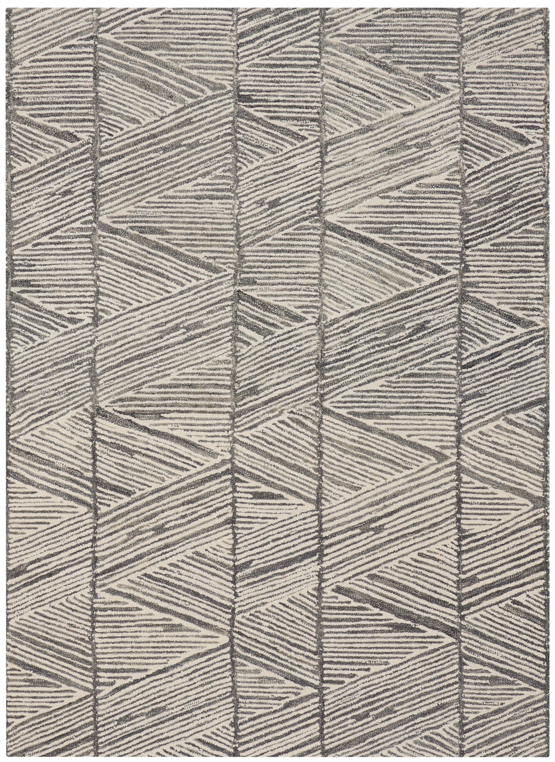 Rectangular area rug in beige and gray with a geometric chevron pattern and textured woven surface.