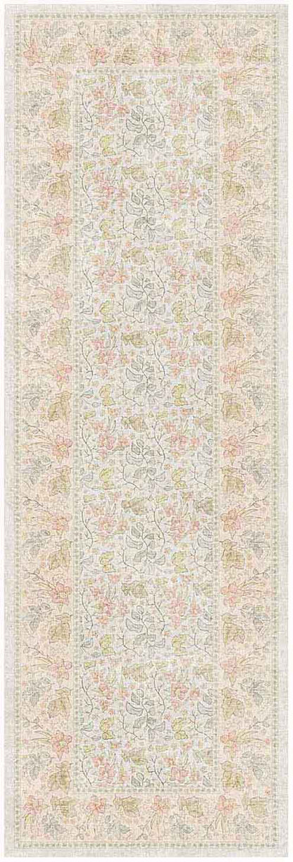 Pastel floral rug runner with ornate borders on ivory, featuring pink, peach & mint hues; oriental style.