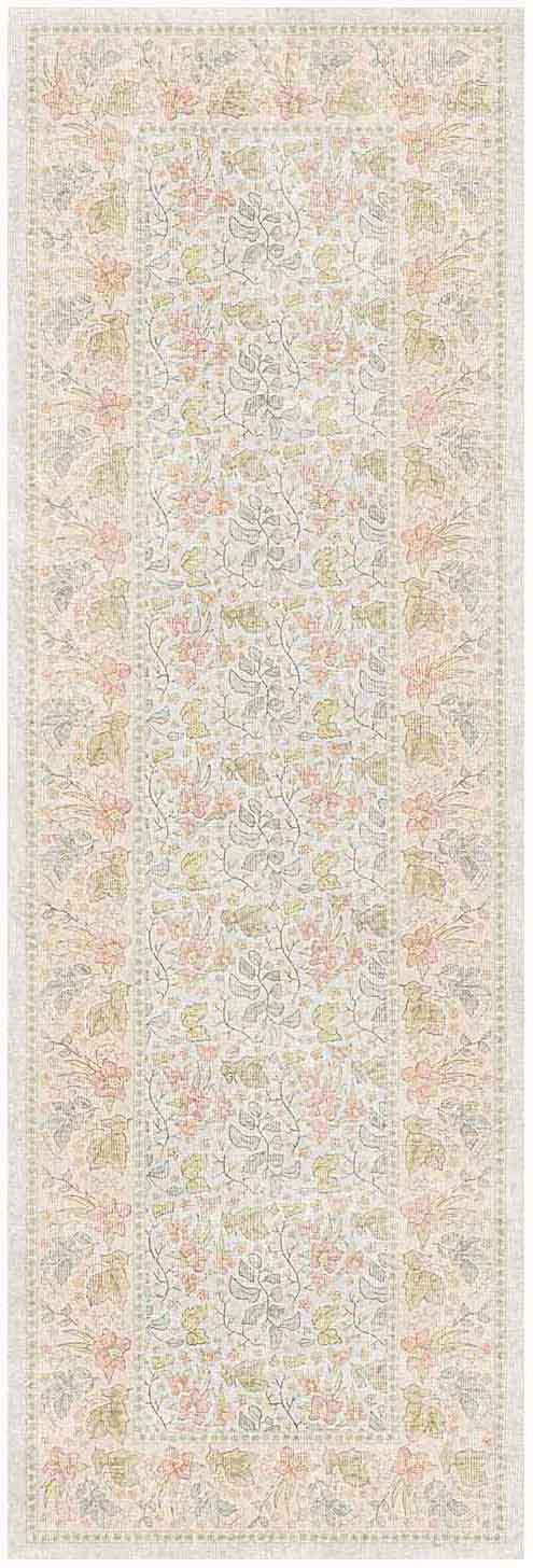 Pastel floral rug runner with ornate borders on ivory, featuring pink, peach & mint hues; oriental style.