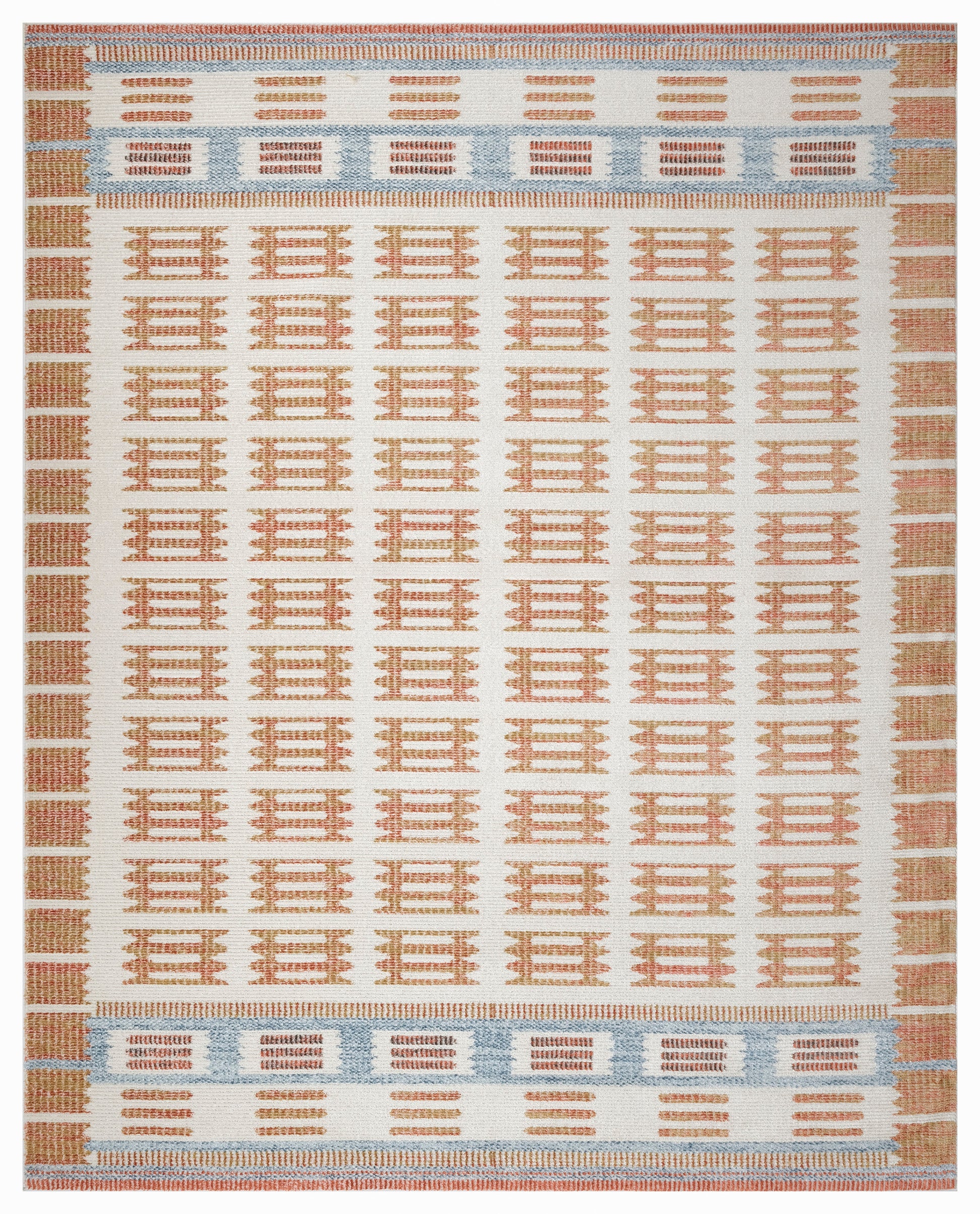 Rectangular woven rug with cream field, peach geometric lattice blocks, and pale blue border bands for a warm, modern tribal look.
