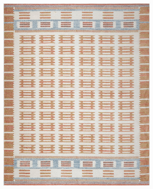 Rectangular woven rug with cream field, peach geometric lattice blocks, and pale blue border bands for a warm, modern tribal look.