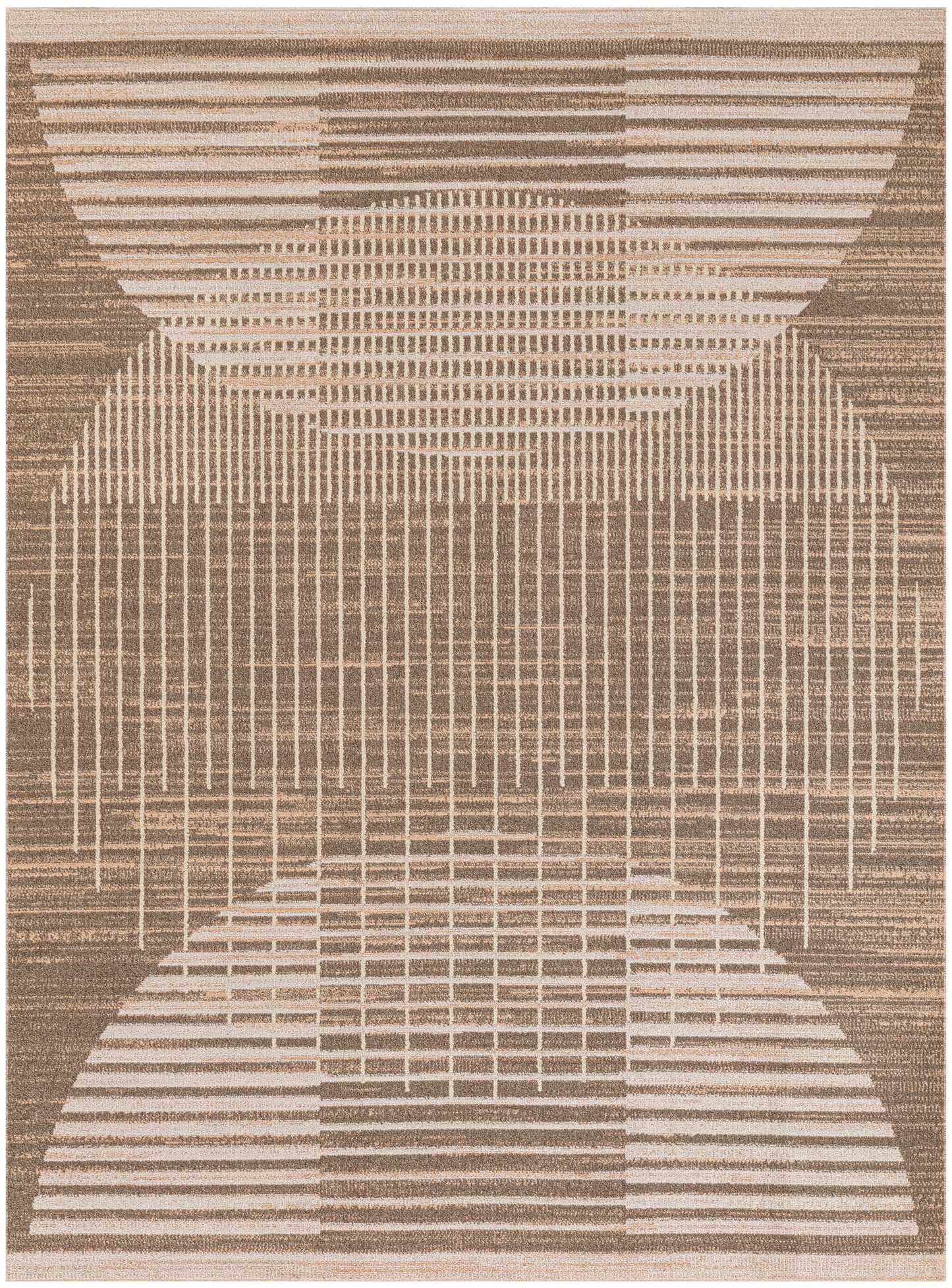 Neutral tan and taupe area rug with geometric arc and stripe motif, woven texture for modern living spaces.