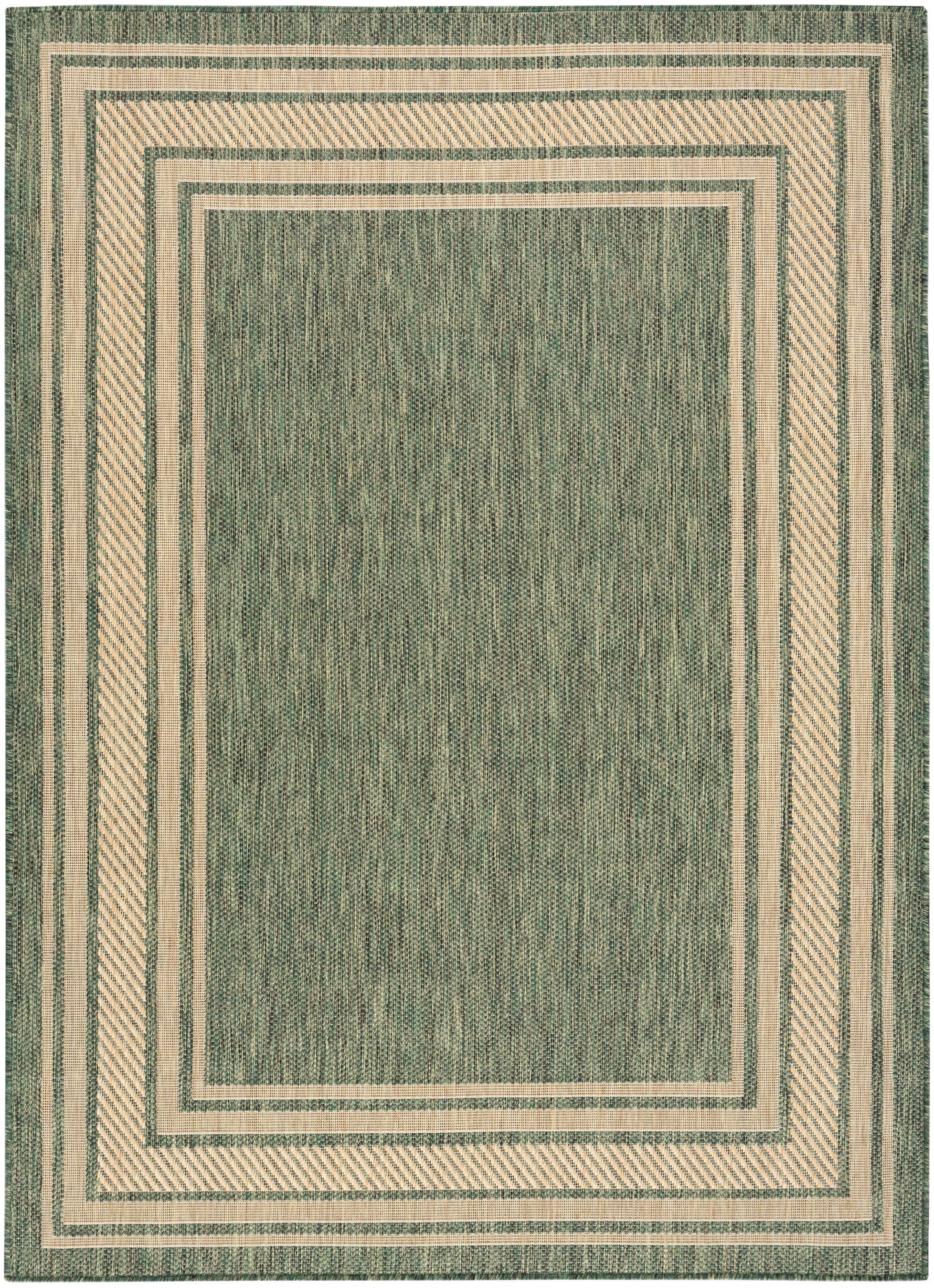 Green woven area rug with beige nested rectangular borders and striped outer frame.