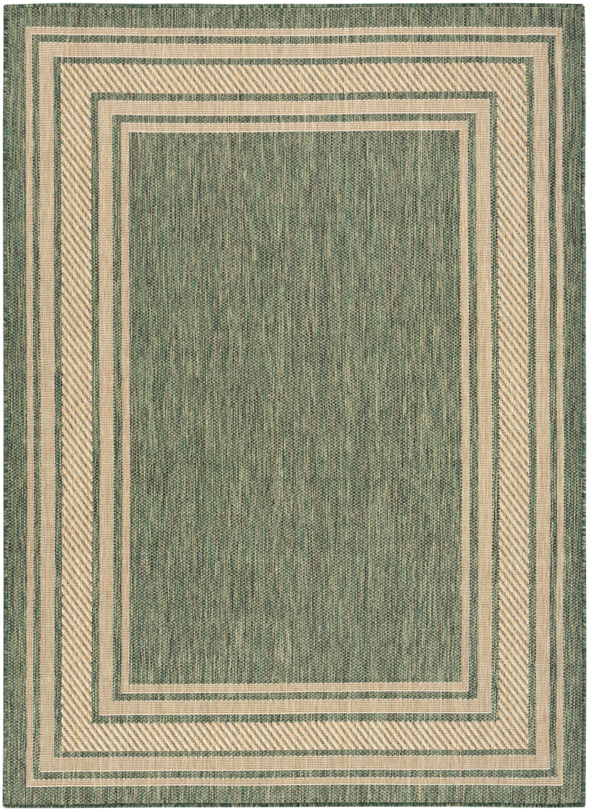 Green woven area rug with beige nested rectangular borders and striped outer frame.