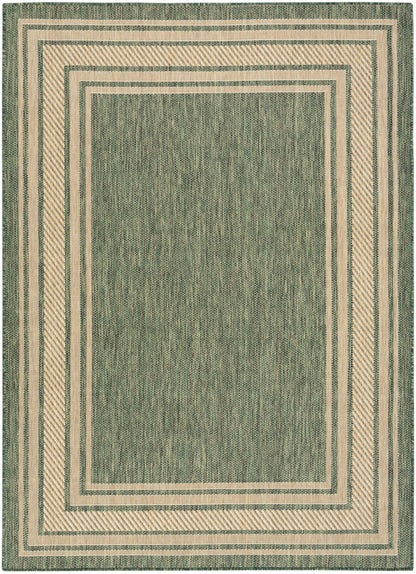 Green woven area rug with beige nested rectangular borders and striped outer frame.