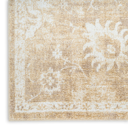 Beige distressed area rug with white damask floral motif; soft woven textile, rectangular neutral home decor.
