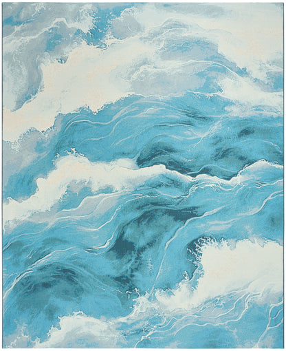 Abstract ocean-inspired wall art with swirling aqua, teal and white waves.