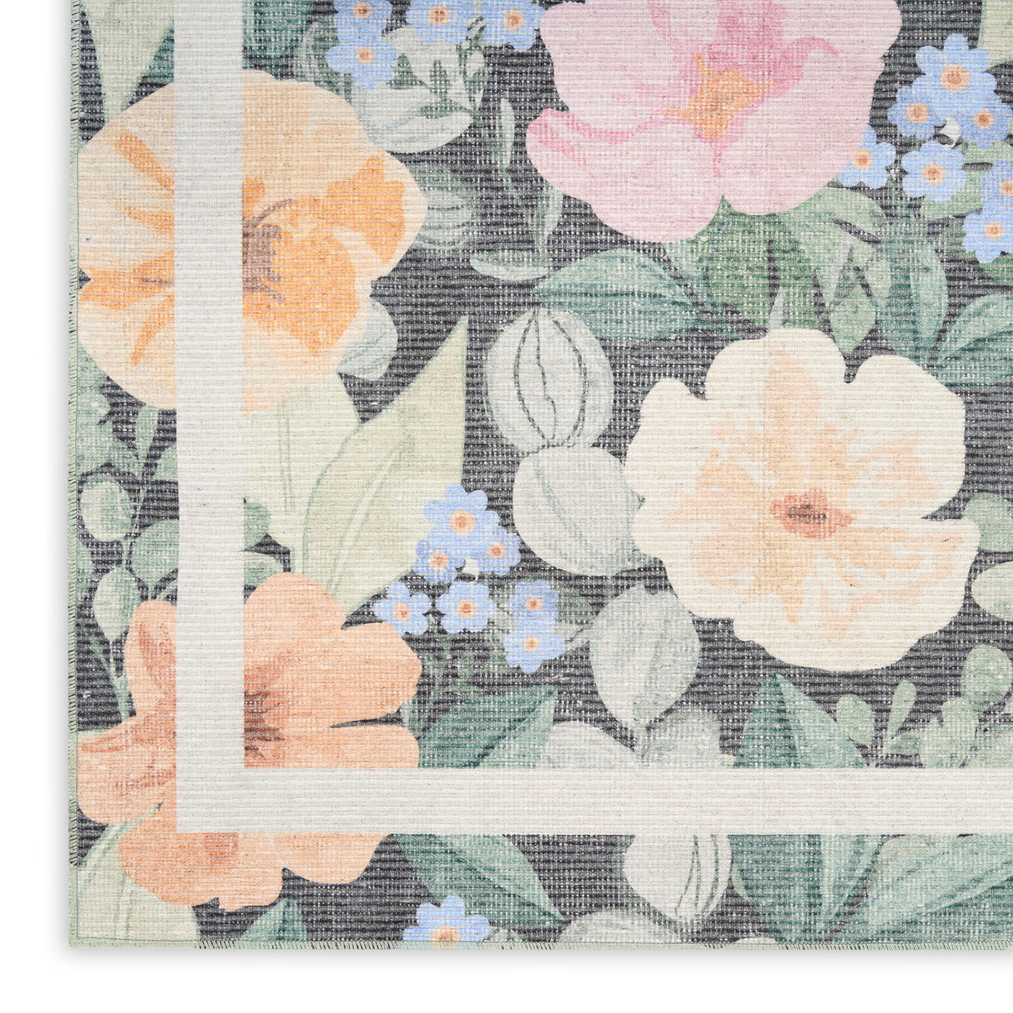 Pastel floral print fabric with peach and pink blooms, blue accents, green leaves, and a white framed border motif.