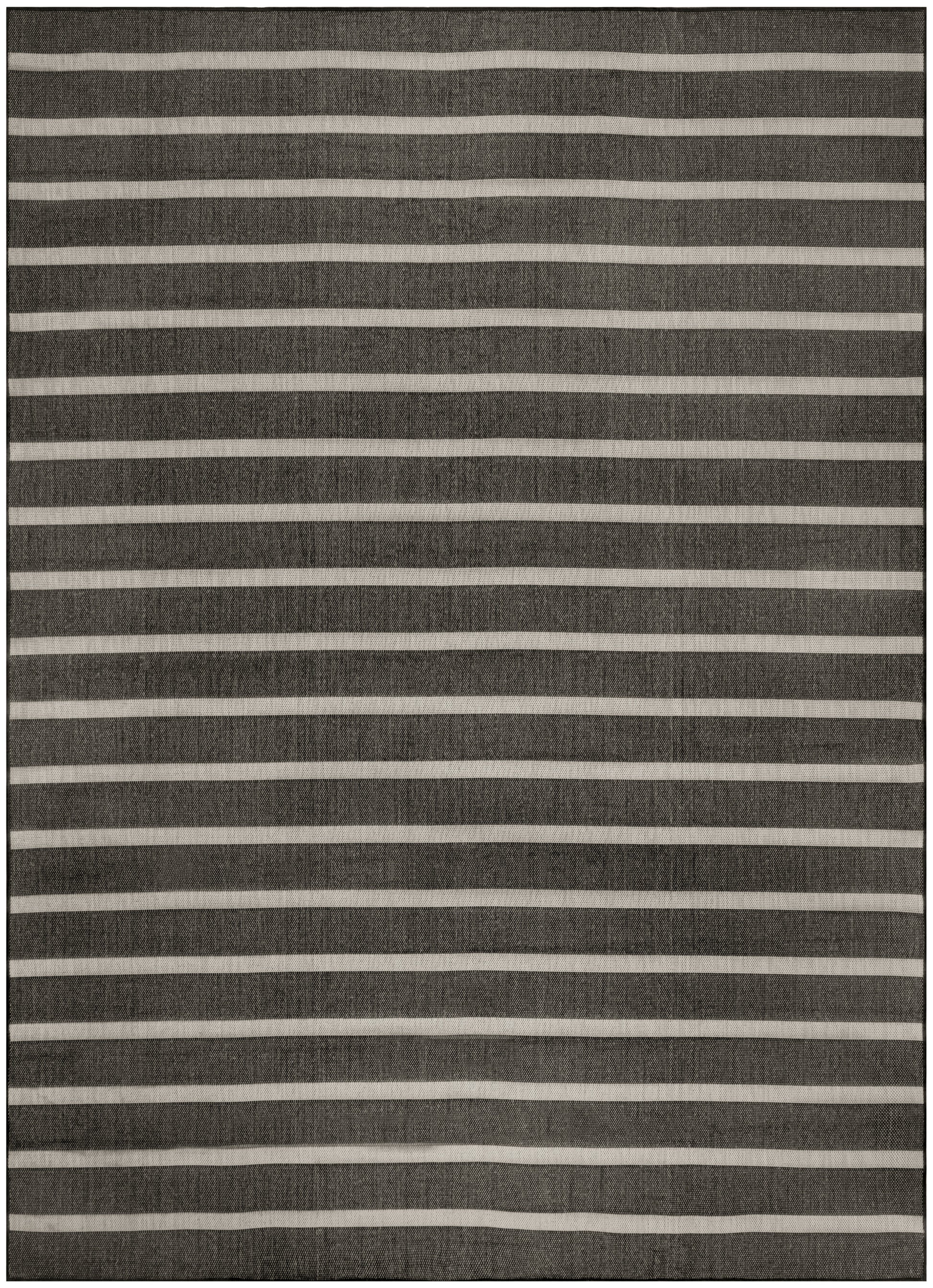 Charcoal grey flatweave rug with evenly spaced white horizontal stripes; modern textured floor mat.