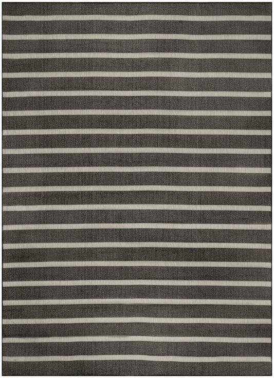 Charcoal grey flatweave rug with evenly spaced white horizontal stripes; modern textured floor mat.