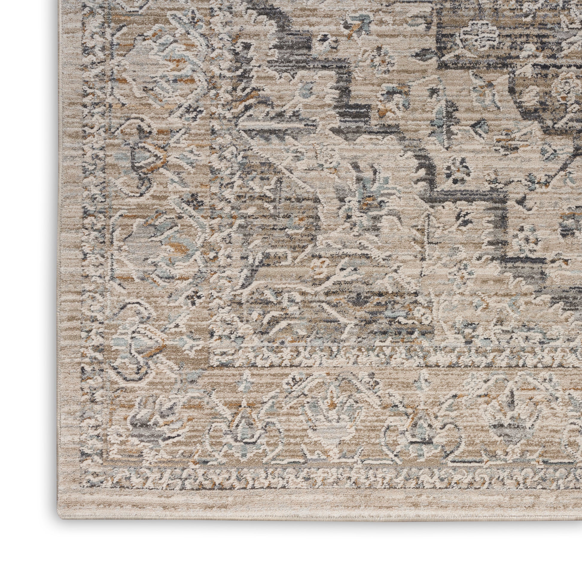 Beige distressed traditional area rug with ornate floral border in gray-blue tones, woven texture.