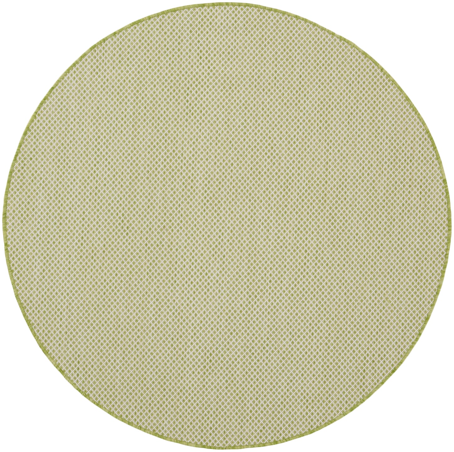 Round beige rug with a woven lattice texture and lime-green border.