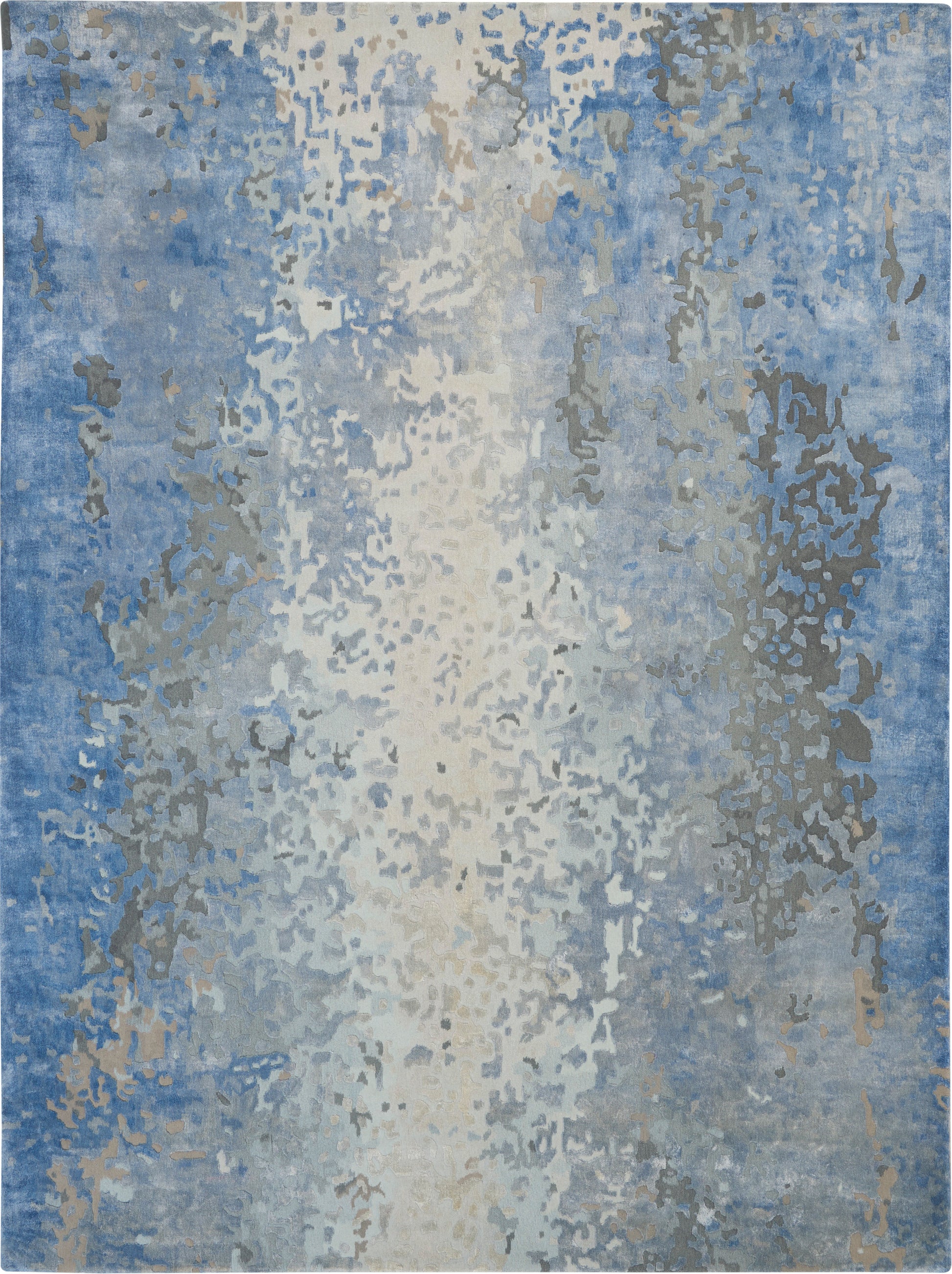Abstract blue area rug with ivory center and gray speckles; modern, watercolor-like pattern for living spaces.