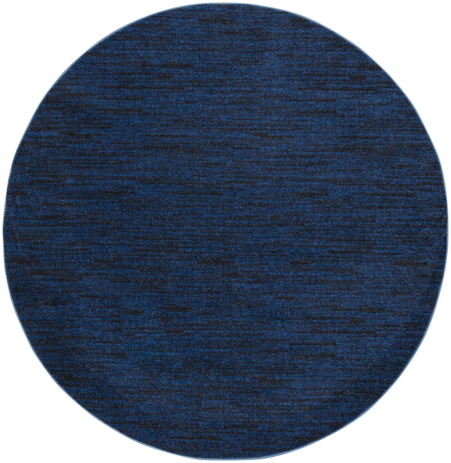 Dark blue round rug with heathered texture, soft woven fabric for living room or bedroom.