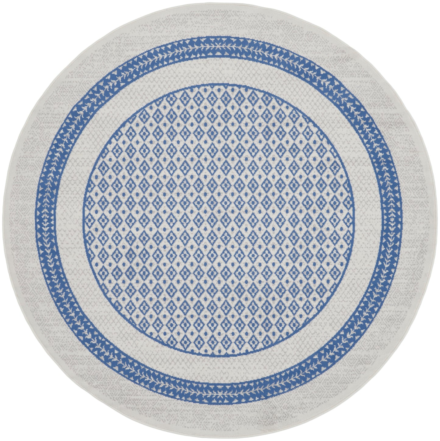 Round rug with blue diamond lattice center and double blue border on white background.