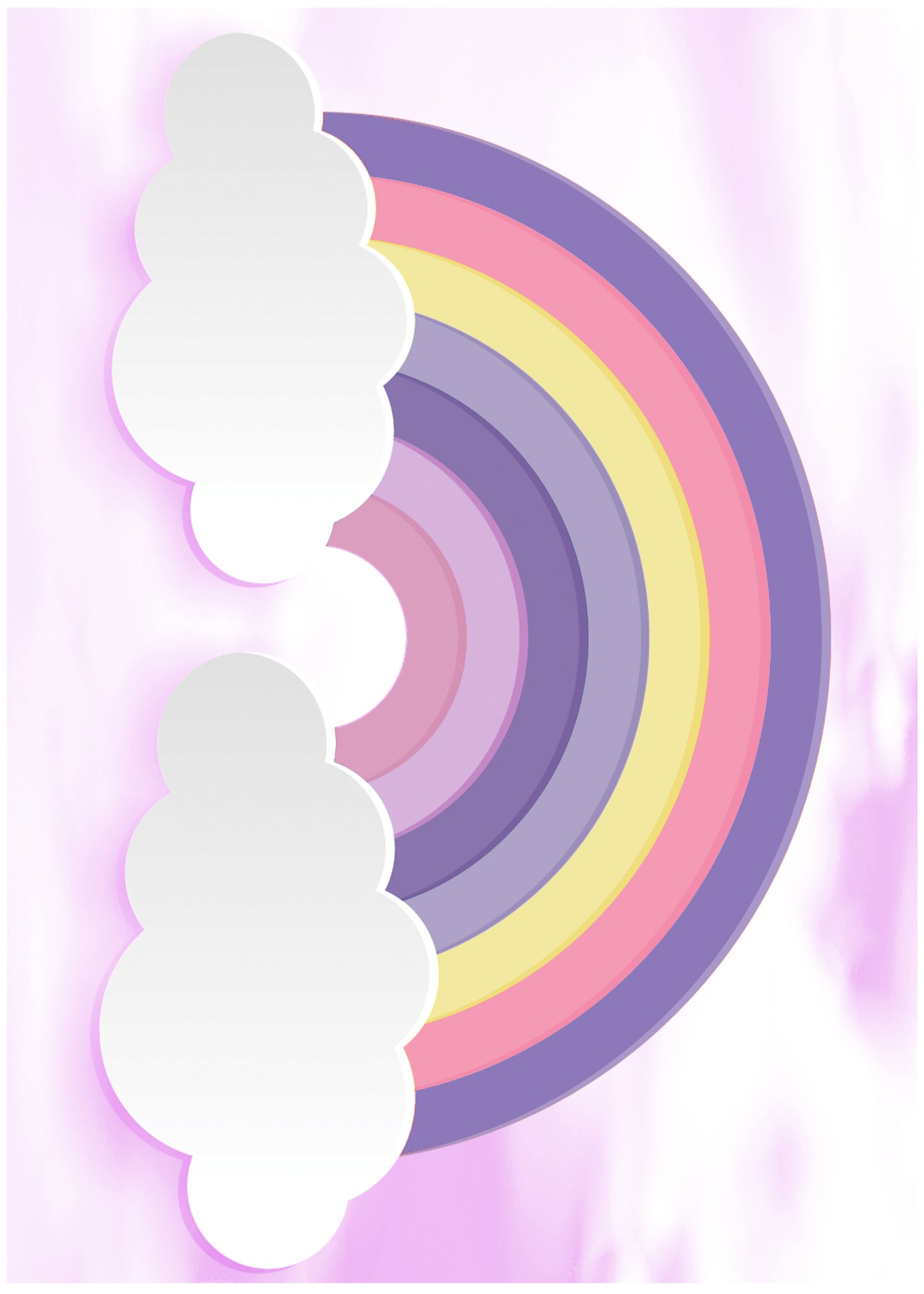 Pastel rainbow wall art with circular rings in purple, pink, yellow and lavender, plus white puffy clouds on the left.