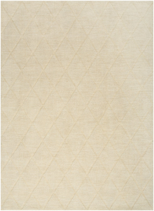 Cream linen-look rug with a faint beige diamond lattice pattern and soft texture.