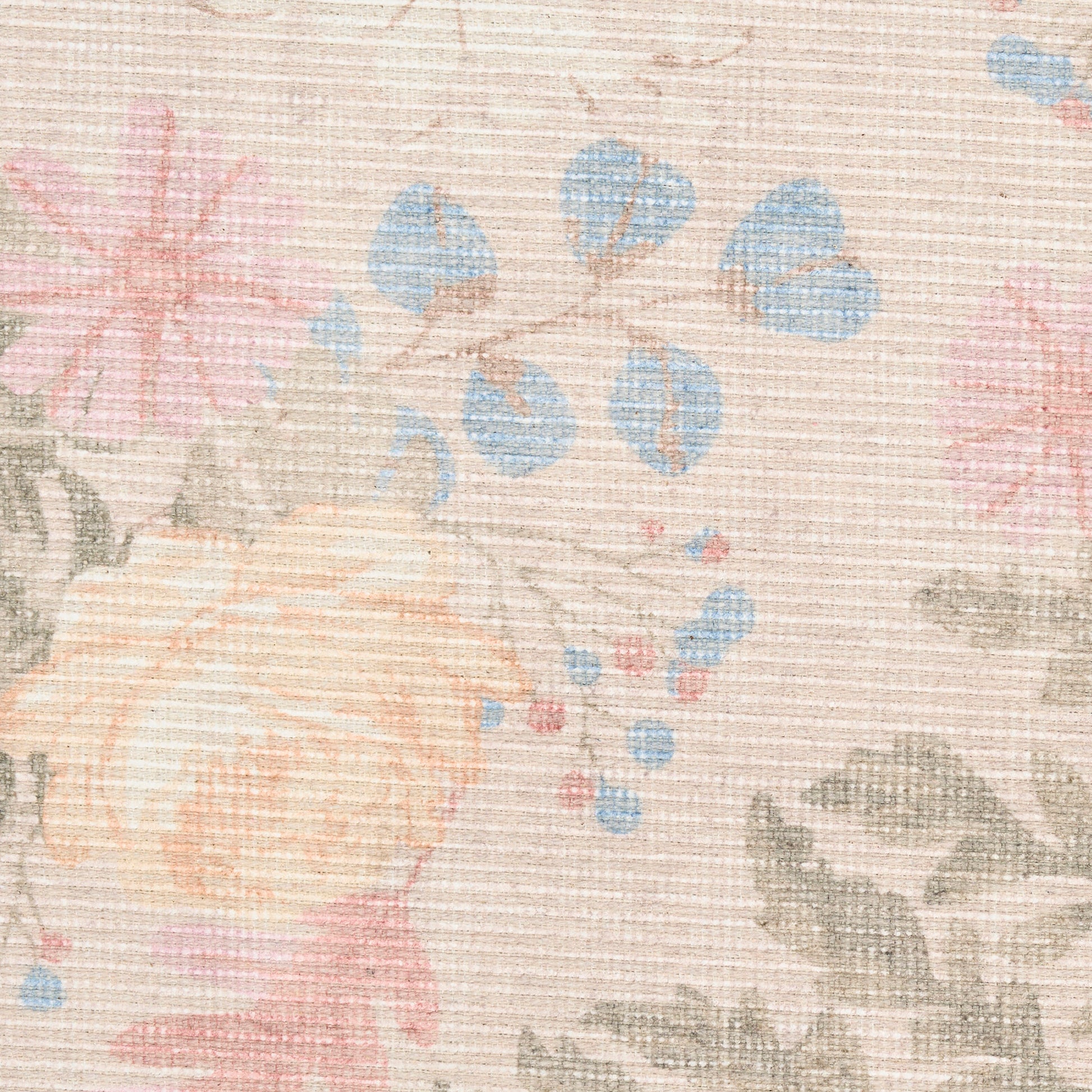Pastel floral rug pattern with peach roses, blue blossoms and gray leaves on beige background.