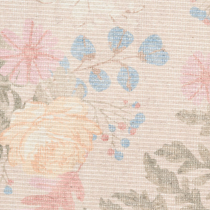 Pastel floral rug pattern with peach roses, blue blossoms and gray leaves on beige background.