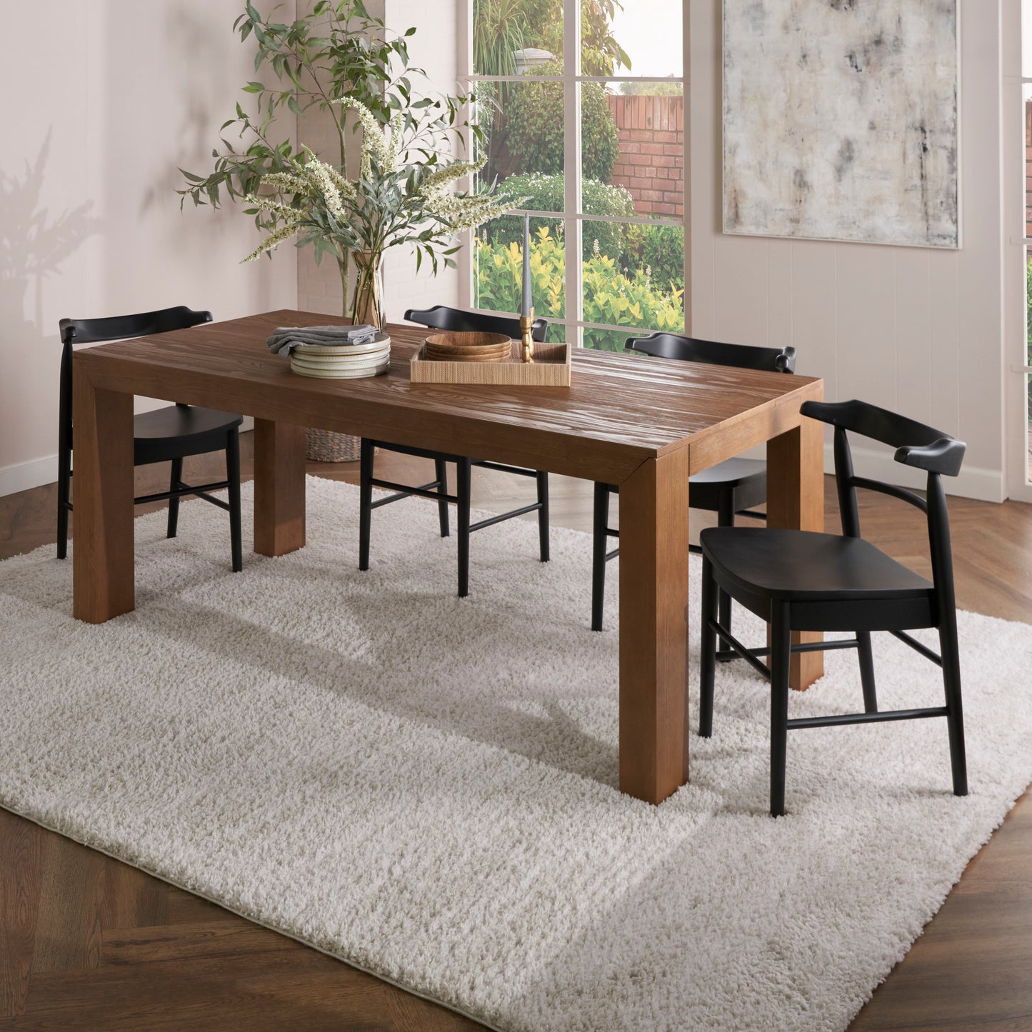 Light shag rug in modern neutral tones, 8' x 10'.