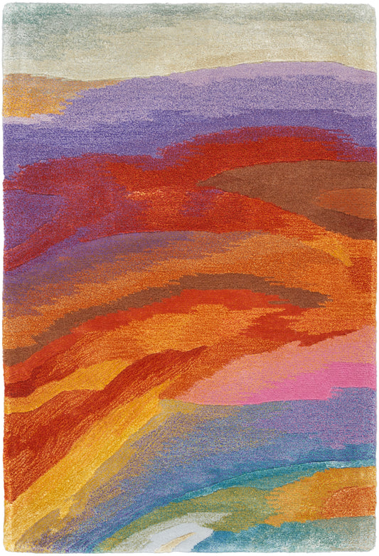 Abstract sunset rug with bold layered swirls in orange, purple, pink and teal; soft textured pile.