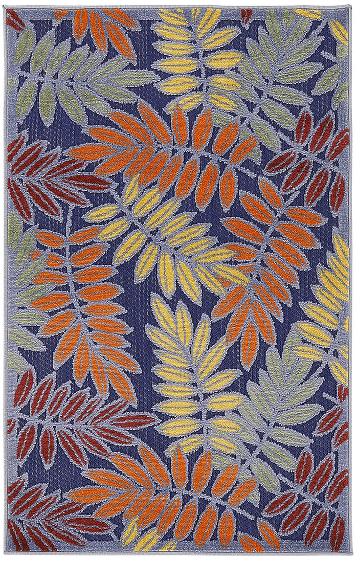 Navy blue rug featuring vibrant orange, yellow, red and sage-green palm leaf pattern.
