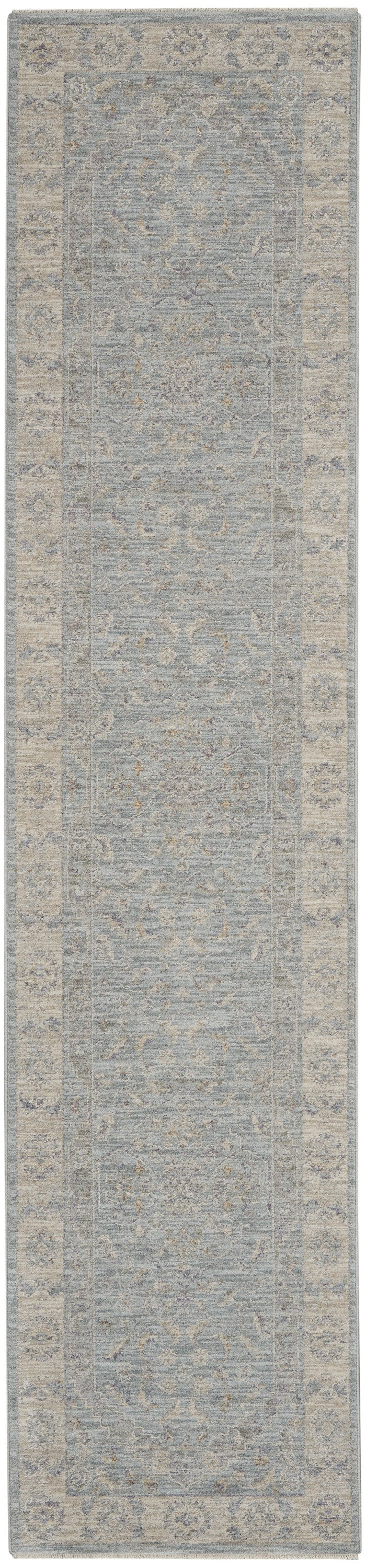 Blue-gray distressed oriental runner rug with beige border; vintage floral medallion pattern
