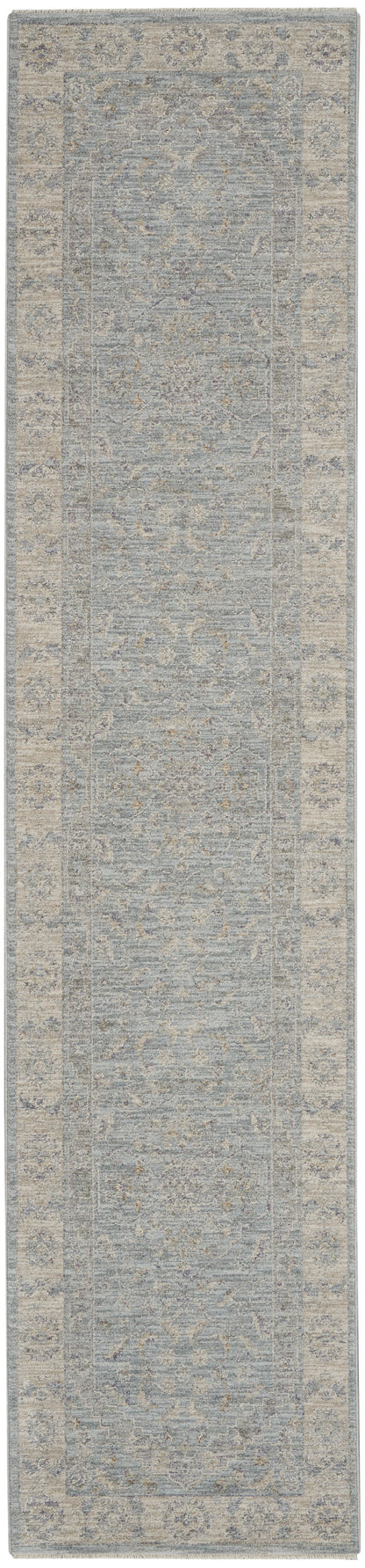 Blue-gray distressed oriental runner rug with beige border; vintage floral medallion pattern