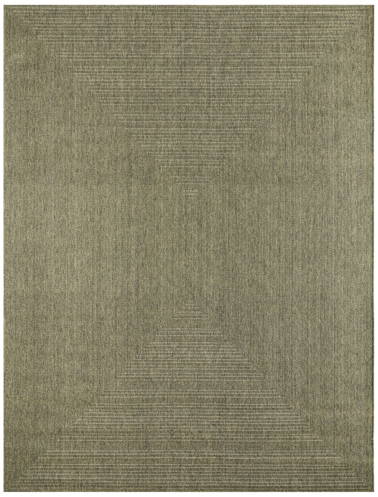 Olive-gold textured rug with concentric geometric stepped-square pattern for a modern, abstract look.
