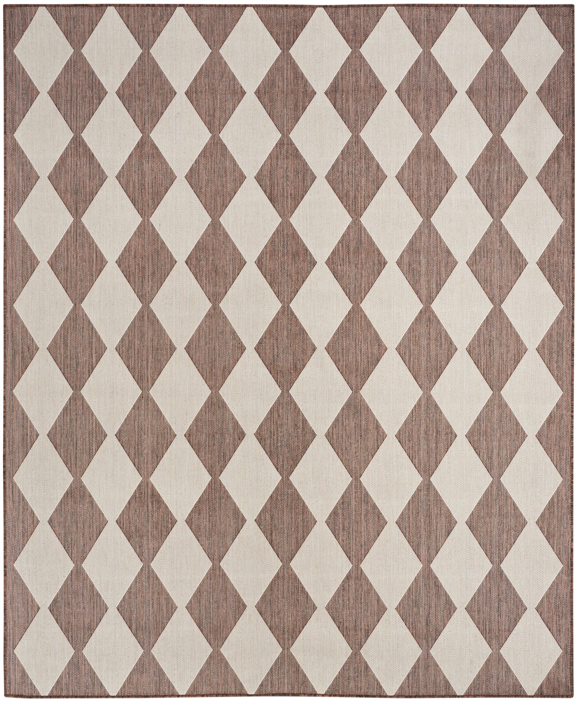 Rectangular rug featuring a brown and beige diamond harlequin pattern with woven texture and darker border.