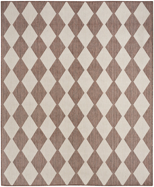 Rectangular rug featuring a brown and beige diamond harlequin pattern with woven texture and darker border.
