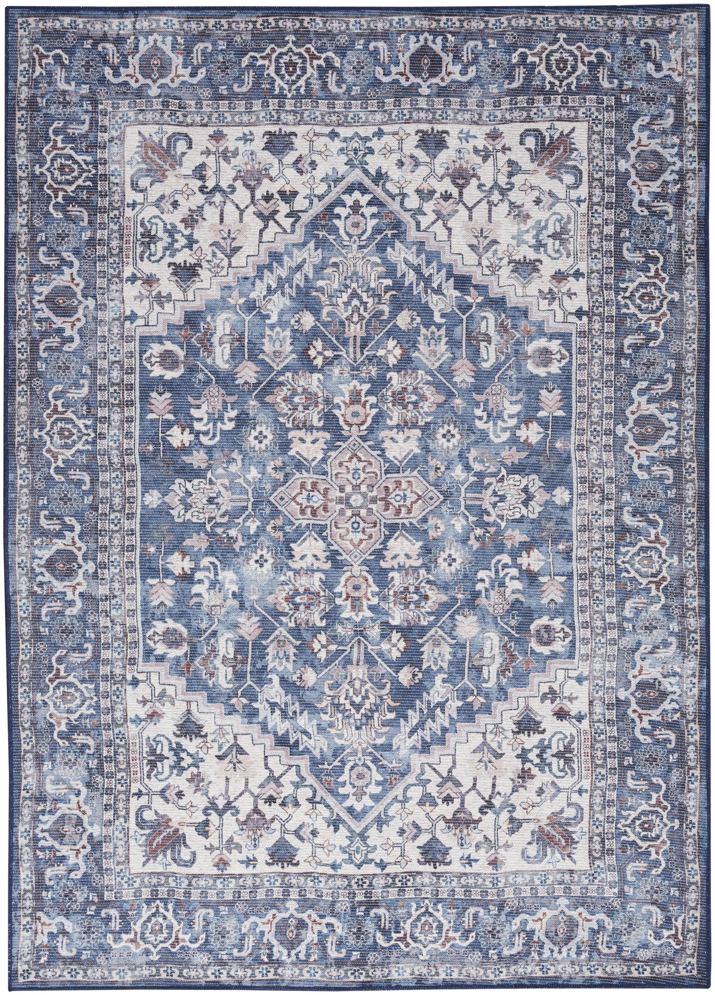 Blue and ivory distressed Persian-style area rug with central medallion, floral motifs and ornate border.
