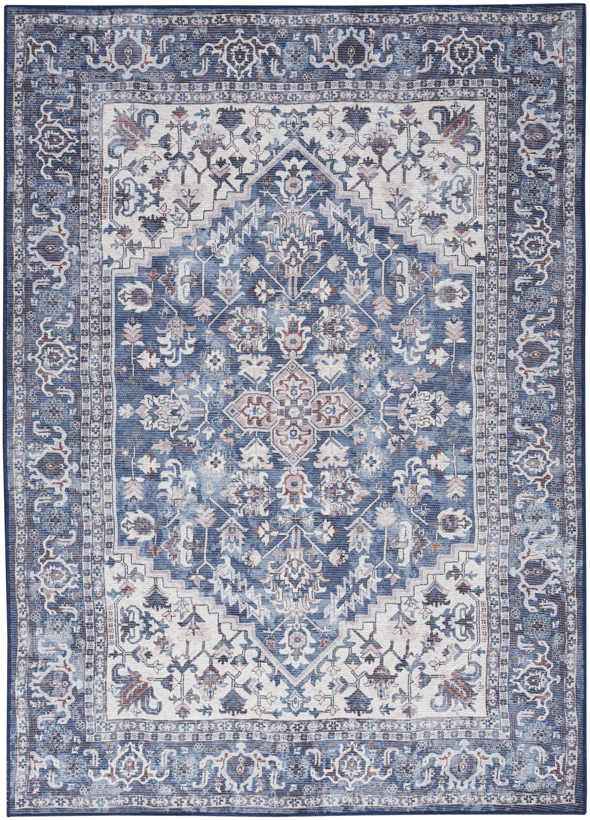 Blue and ivory distressed Persian-style area rug with central medallion, floral motifs and ornate border.
