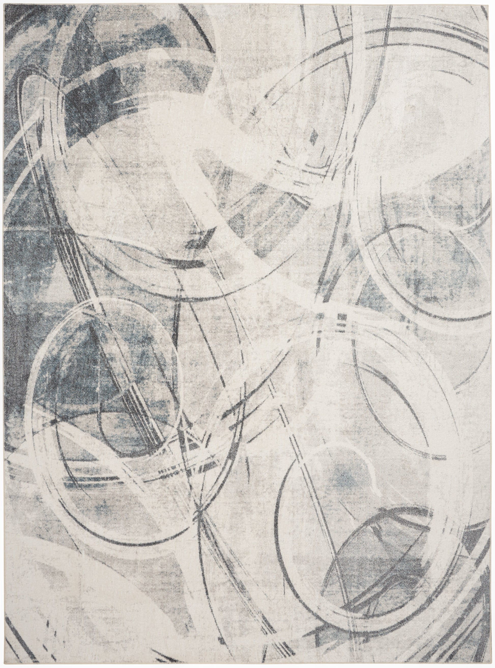 Abstract wall art print with overlapping circular loops in muted gray-blue on cream backdrop.