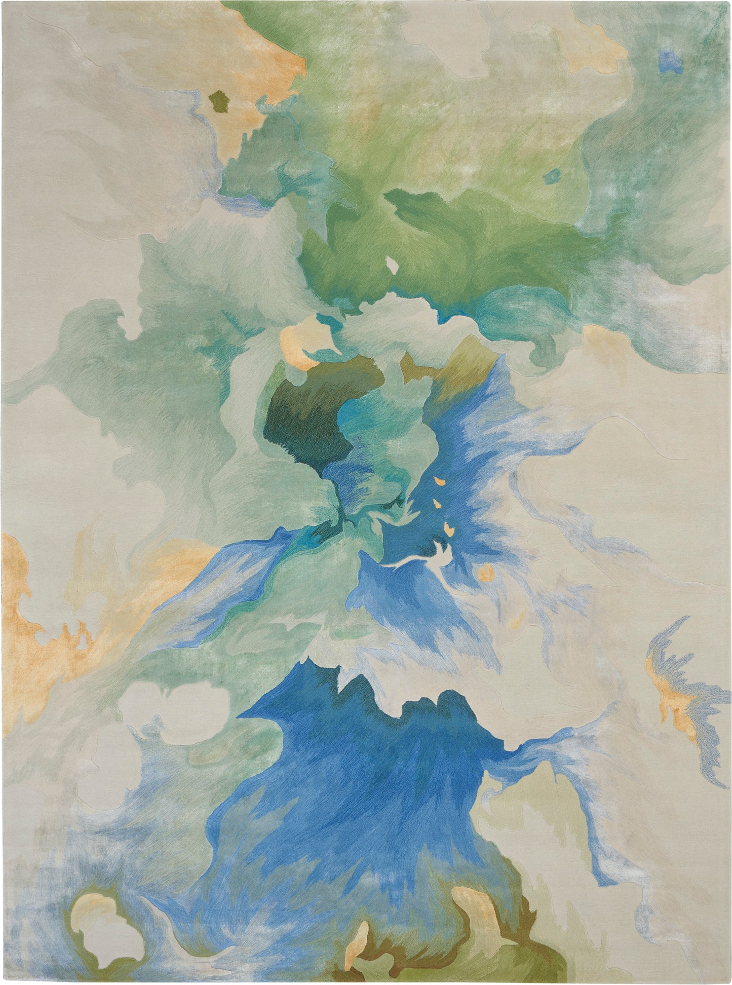 Abstract watercolor-style area rug in greens, blues, and beiges with flowing, organic shapes.