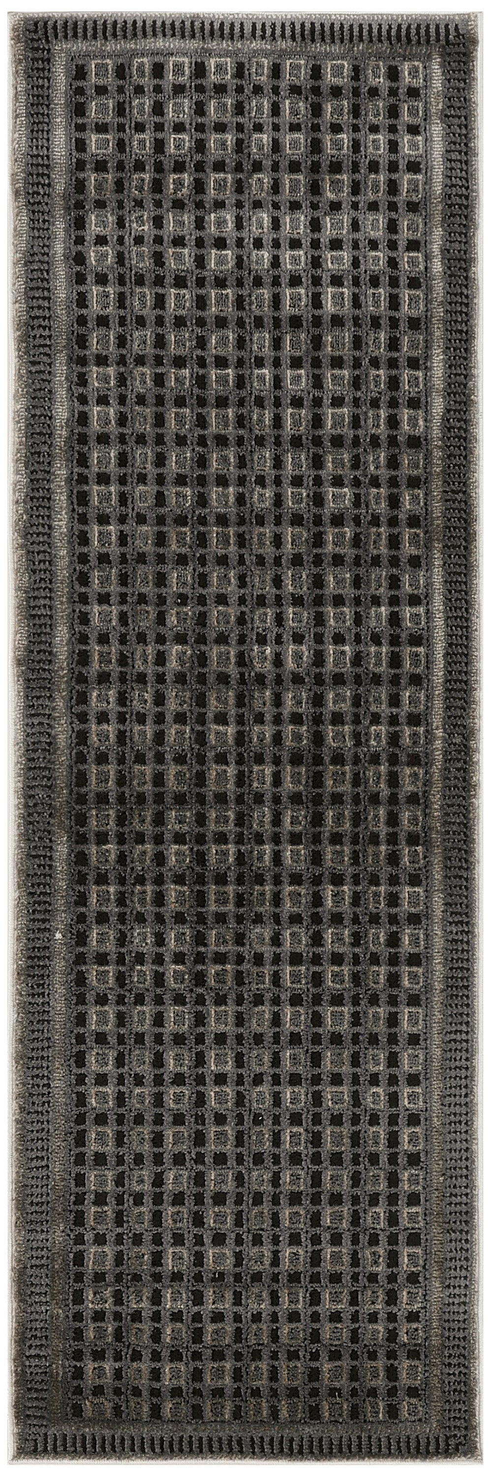 Charcoal gray runner rug with a square-grid pattern and textured border; modern geometric style.