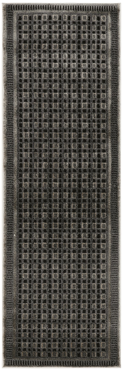 Charcoal gray runner rug with a square-grid pattern and textured border; modern geometric style.