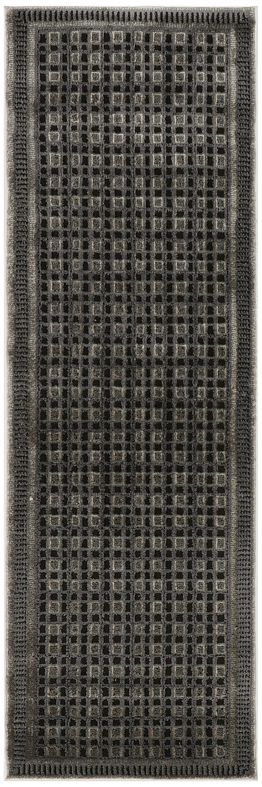 Charcoal gray runner rug with a square-grid pattern and textured border; modern geometric style.