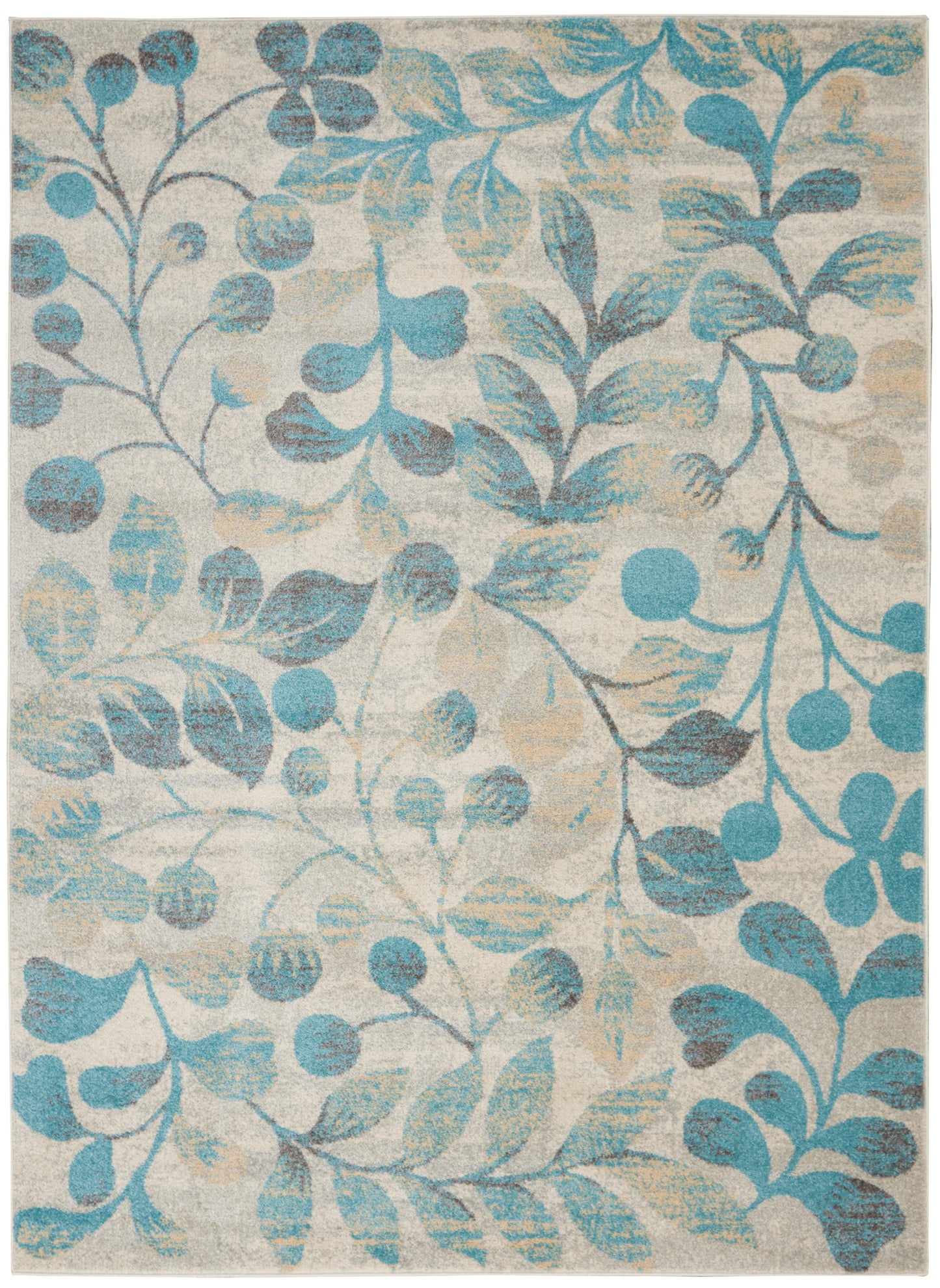 Rectangular area rug with teal-blue botanical vines on beige background; soft, modern coastal floral motif.