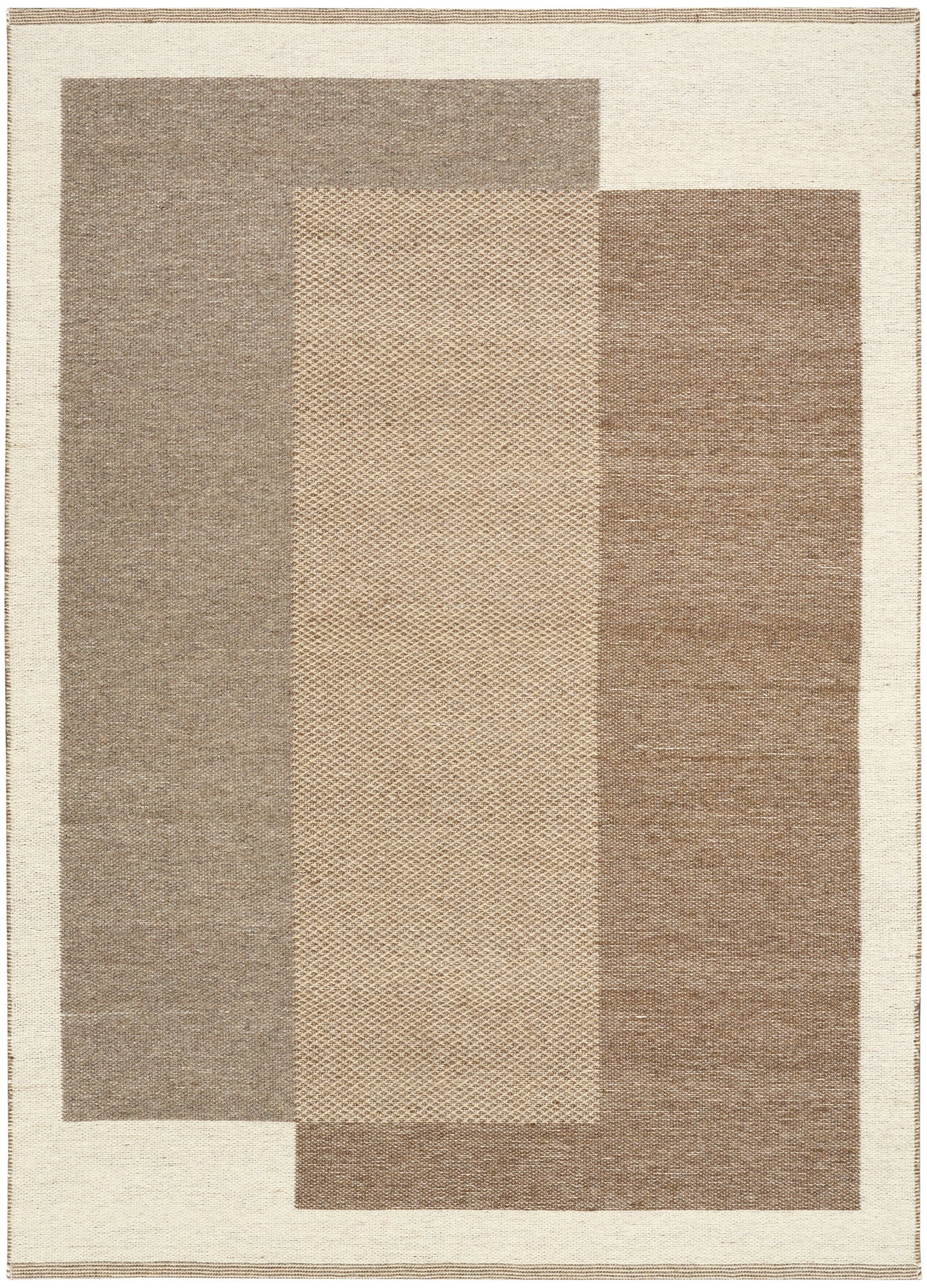Geometric area rug with overlapping vertical panels in beige, taupe and brown on cream border; modern woven texture.