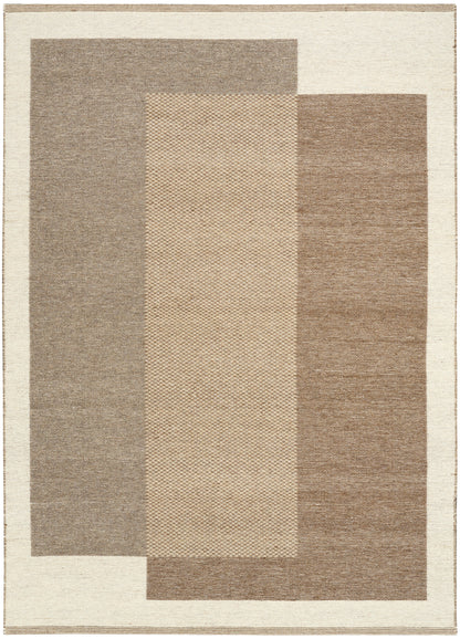 Geometric area rug with overlapping vertical panels in beige, taupe and brown on cream border; modern woven texture.
