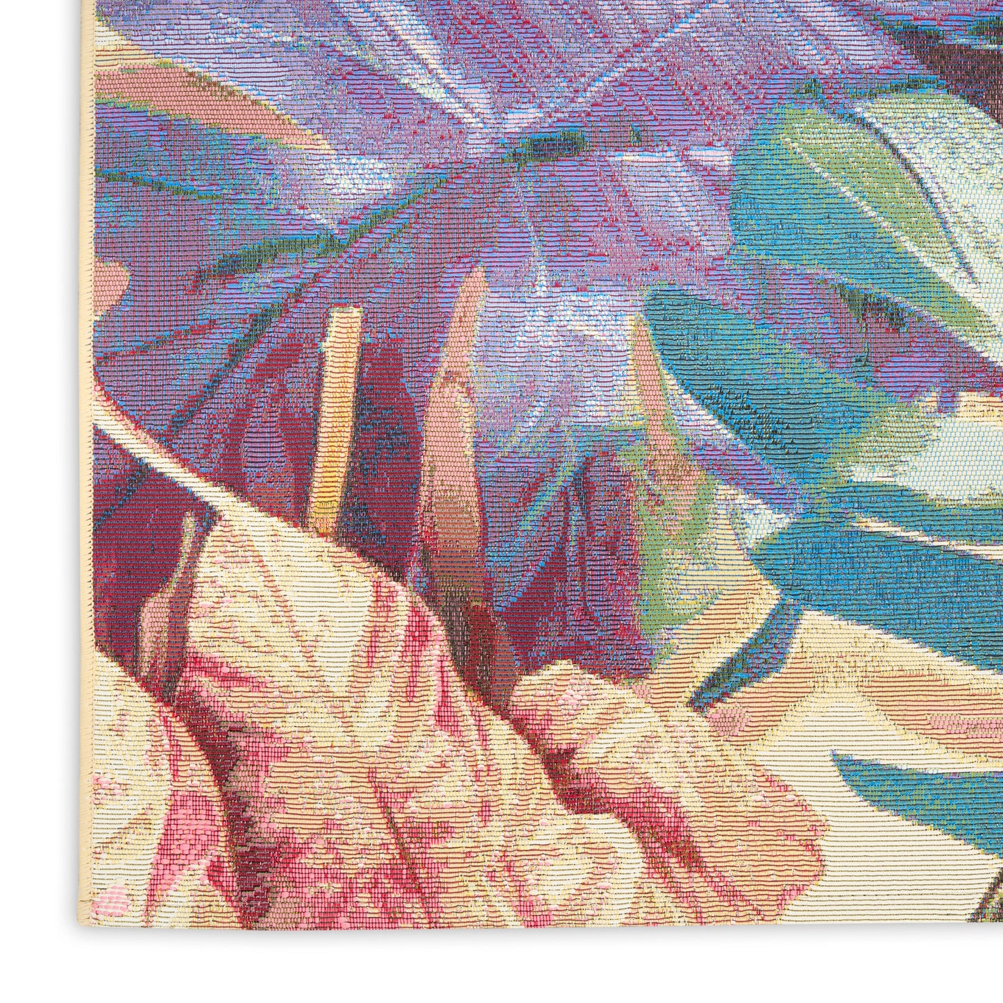 Colorful woven tapestry wall art with purple, pink, teal leaves; textured fabric, framed wooden edge.